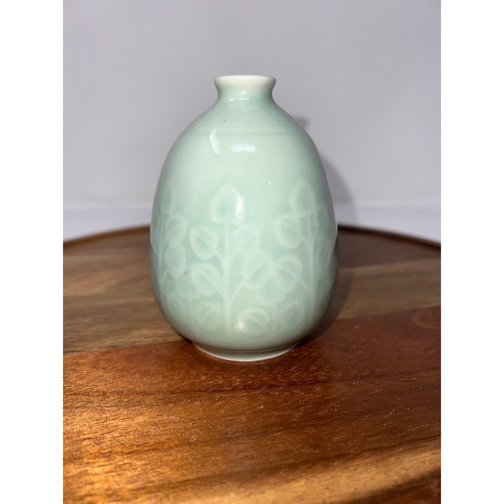 Celadon Bud Vase Embossed Floral Design Small Ceramic Tabletop Decor - Picture 3 of 10